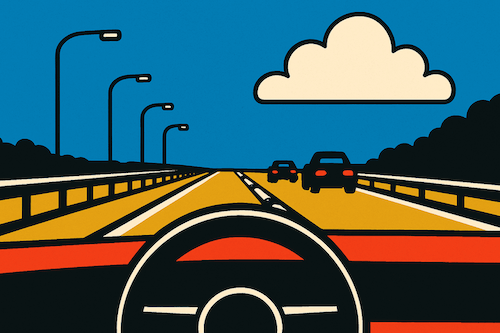 First-person view from inside a car driving on a highway